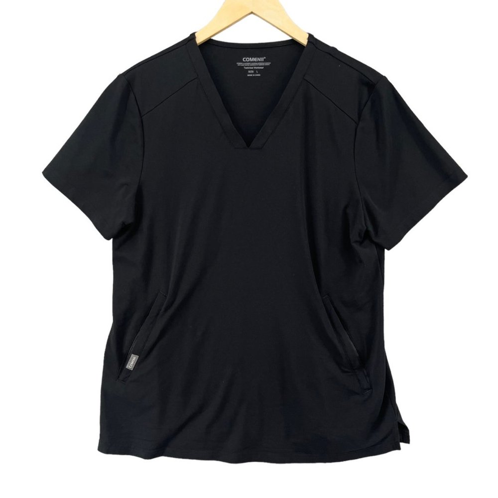 Comenii Workwear Scrub Top Womens Black Technical Short Sleeve Pullover Size L